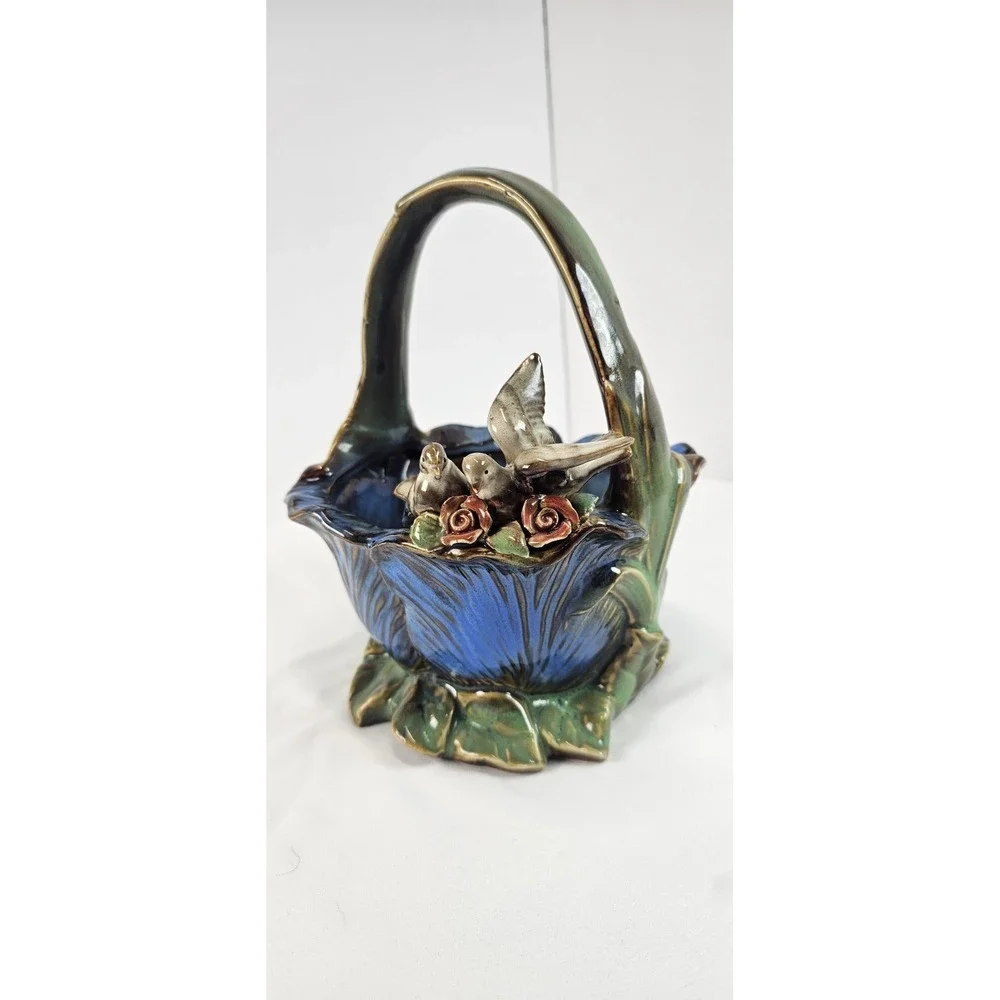 Vintage Majolica Style Ceramic Bird Basket Planter Blue Floral Basket Roses
